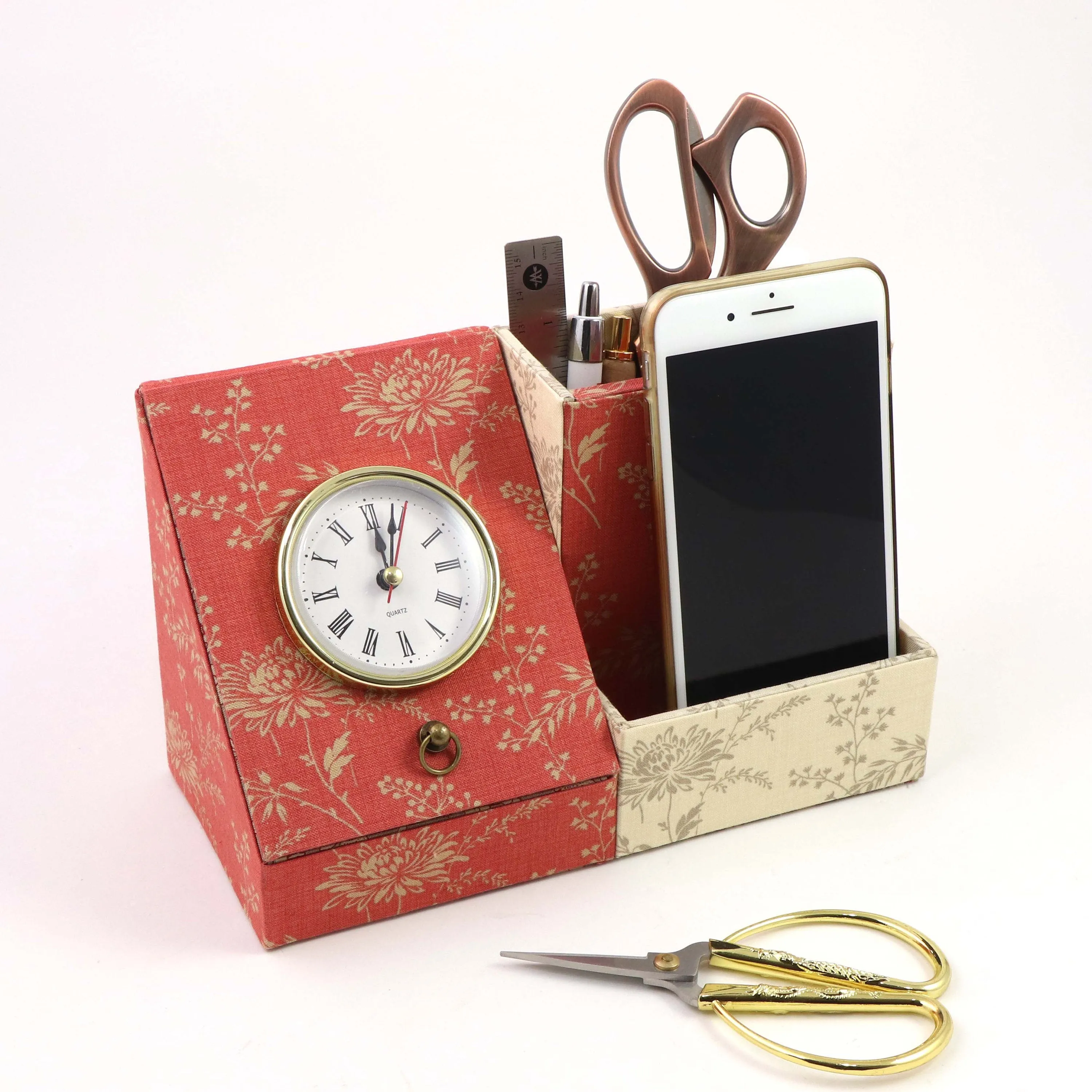 Desk clock organizer DIY kit, fabric box kit, cartonnage kit 175, Online instructions included