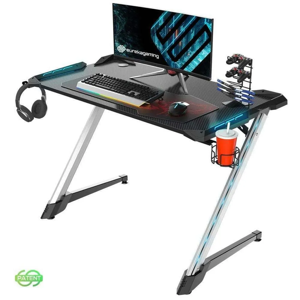 Eureka ERK-Z1S-PRO-43S V1 43"W Home Office Gaming Desk With RGB Lights, Controller Stand, Cup Holder, Headphone Hook & Mouse Pad, Gift for Men Boys Gamers