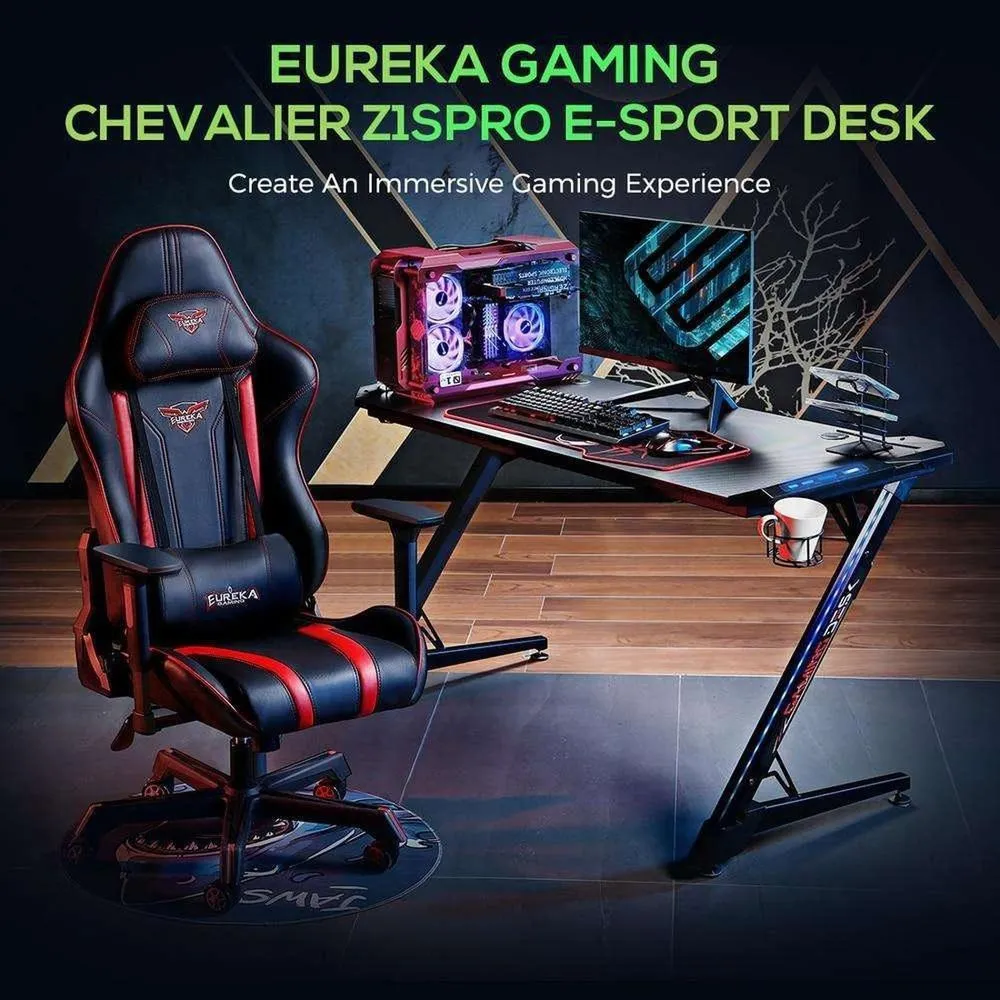 Eureka ERK-Z1S-PRO-43S V1 43"W Home Office Gaming Desk With RGB Lights, Controller Stand, Cup Holder, Headphone Hook & Mouse Pad, Gift for Men Boys Gamers