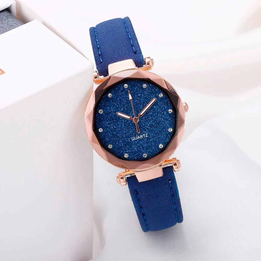 Fashion Brand Watch Women Romantic Starry Sky Wrist Watch Casual Korean Rhinestone Rose Gold Quartz Watch Steel Mesh Belt WatchD