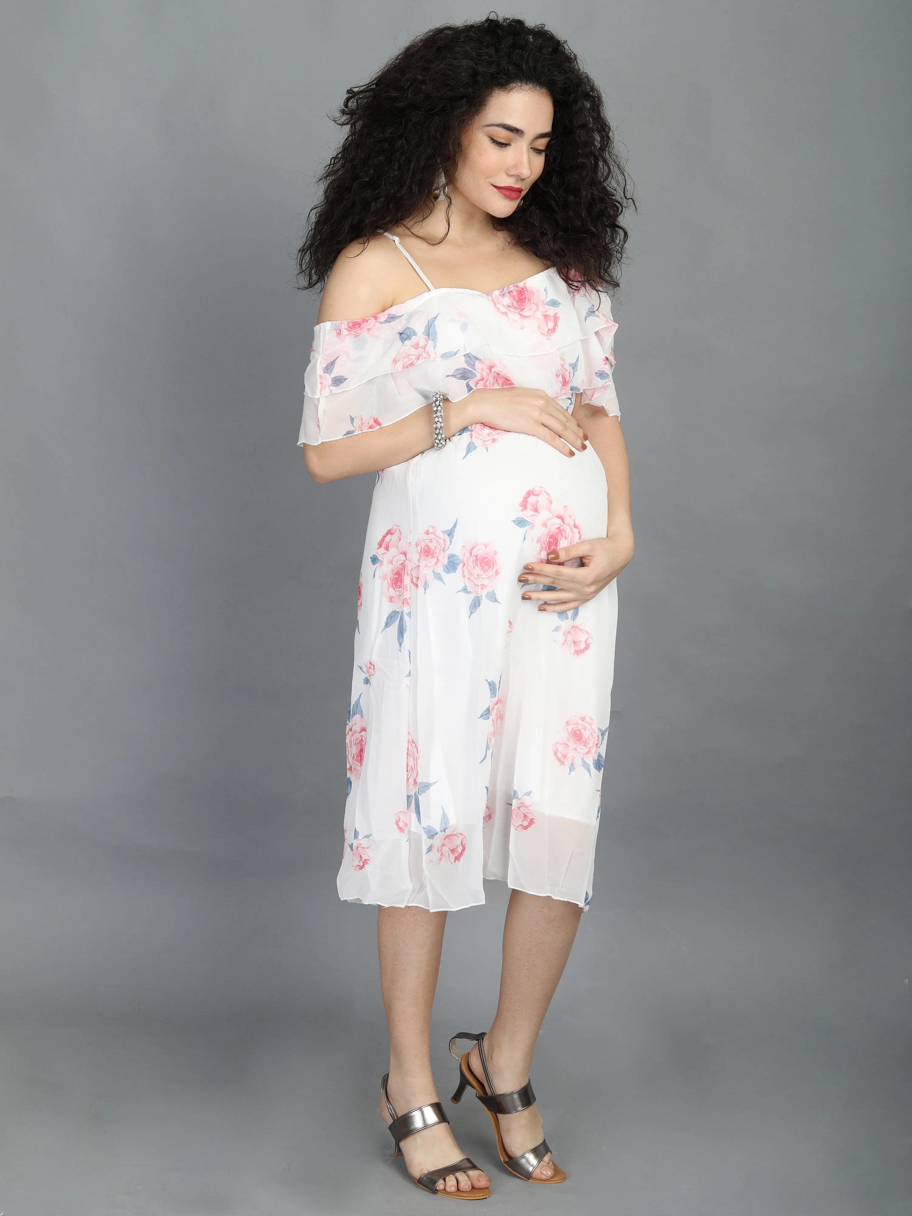 Floral White Off Shoulder Maternity Dress