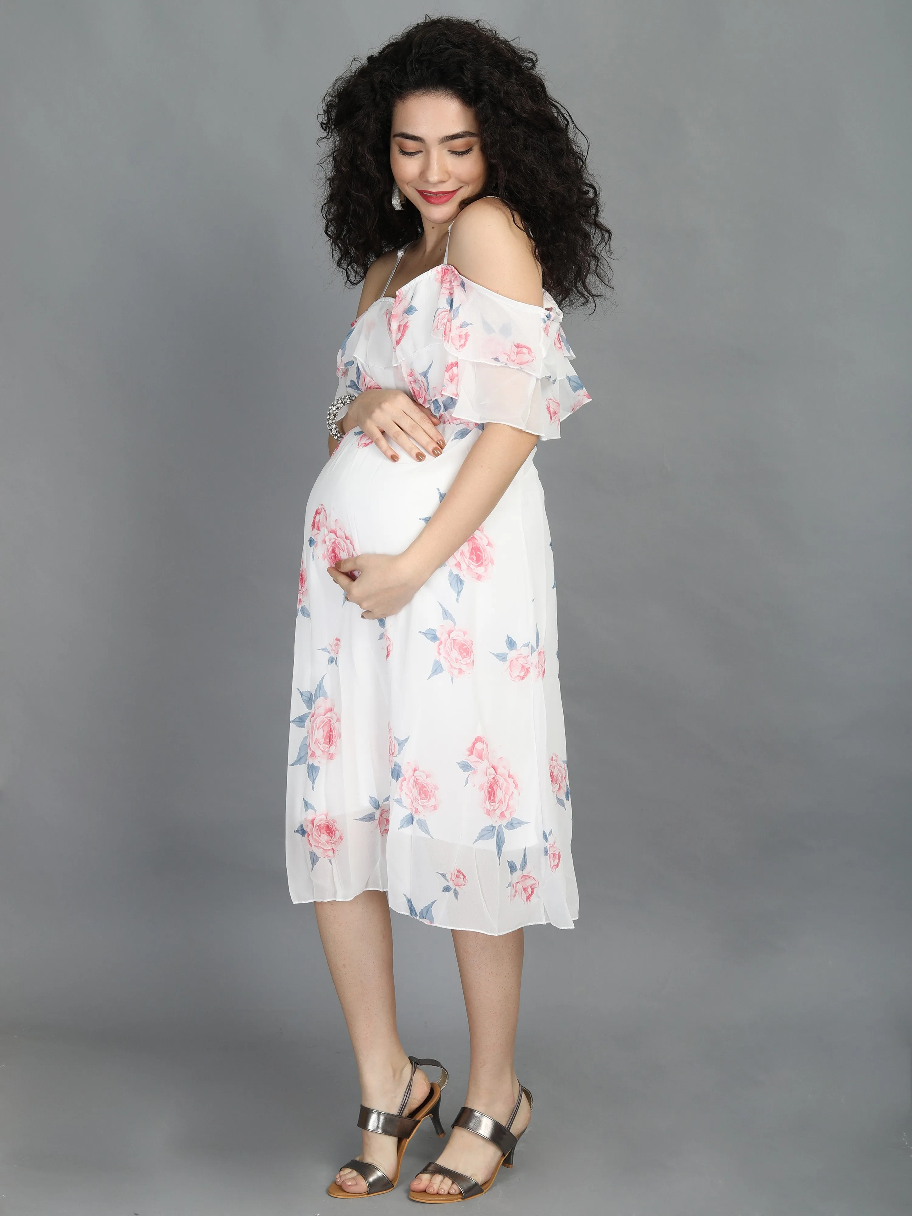 Floral White Off Shoulder Maternity Dress