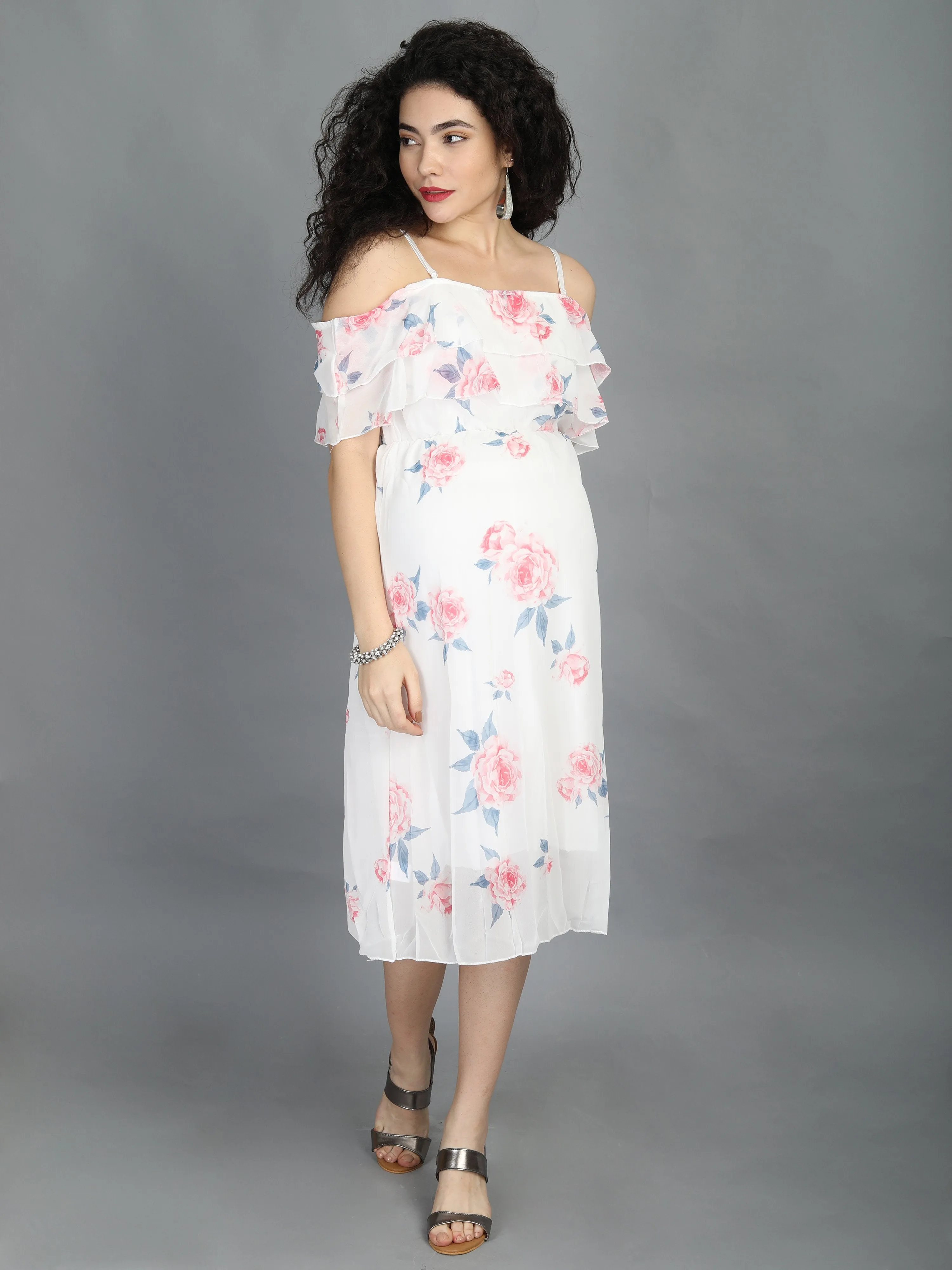 Floral White Off Shoulder Maternity Dress