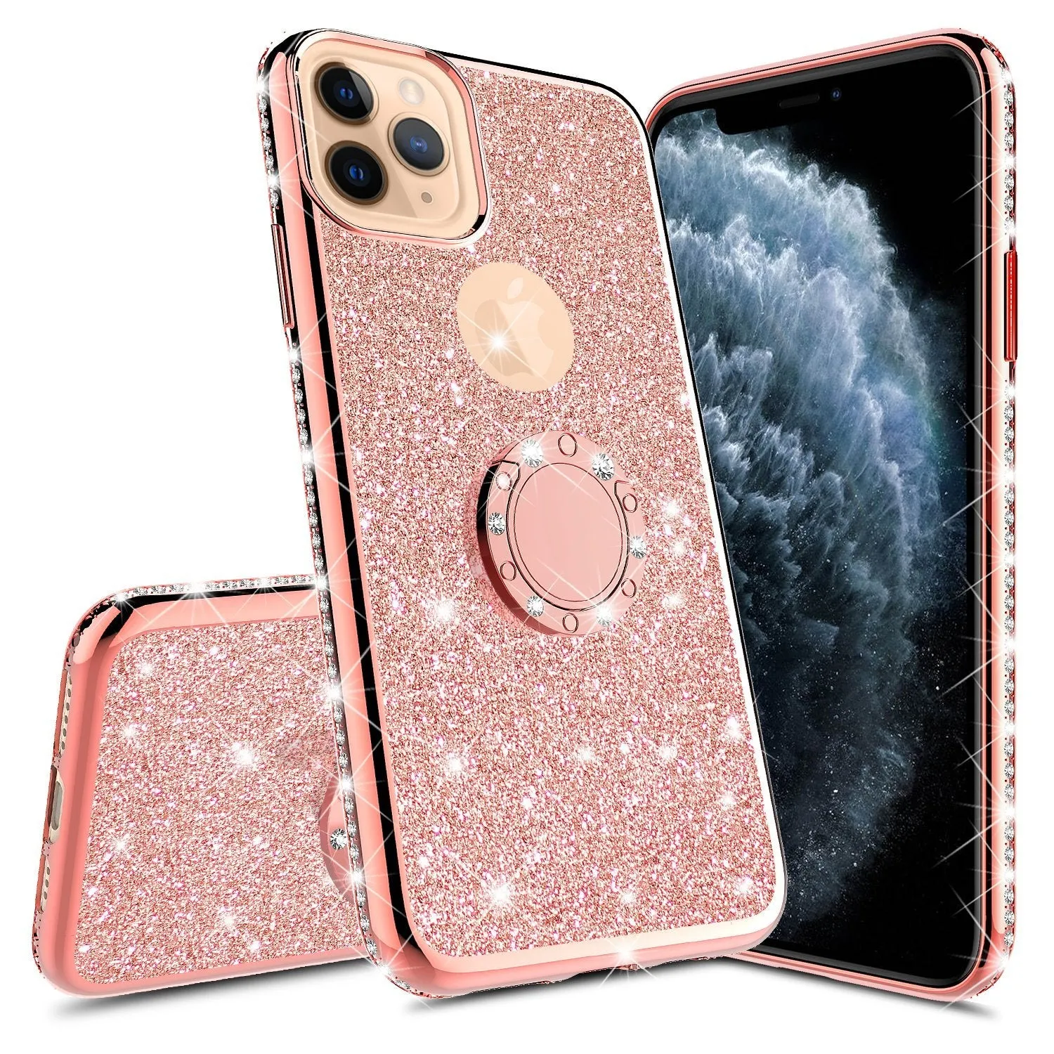 For Apple iPhone 13 Pro Case, Glitter Cute Phone Case Girls with Kickstand,Bling Diamond Rhinestone Bumper Ring Stand Sparkly Luxury Clear Thin Soft Protective Apple iPhone 13 Pro Case for Girl Women - Rose Gold