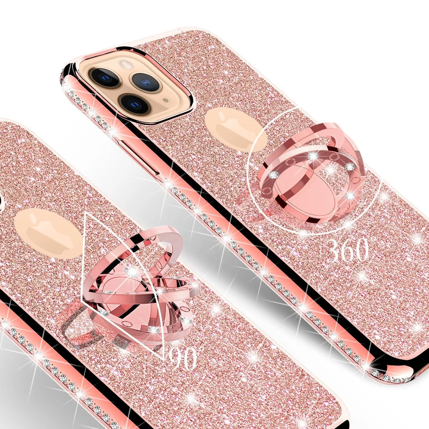 For Apple iPhone 13 Pro Case, Glitter Cute Phone Case Girls with Kickstand,Bling Diamond Rhinestone Bumper Ring Stand Sparkly Luxury Clear Thin Soft Protective Apple iPhone 13 Pro Case for Girl Women - Rose Gold