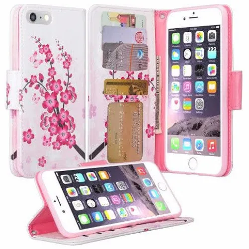 For Apple iPhone 7 Plus Case, Wrist Strap Pu Leather Magnetic Flip Fold[Kickstand] Wallet Case with ID & Card Slots for Iphone 7 Plus - Cherry Blossom