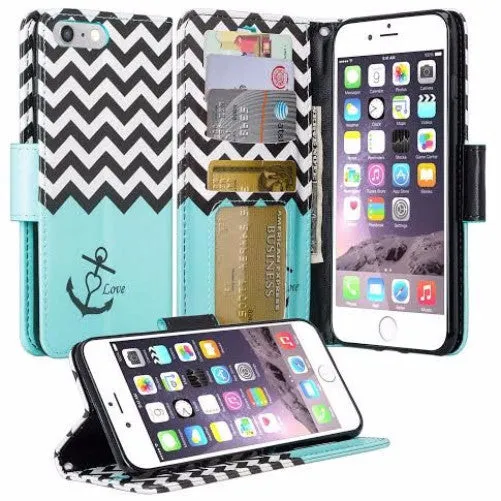 For Apple iPhone 8 Plus Case, Wrist Strap Pu Leather Magnetic Flip Fold[Kickstand] Wallet Case with ID & Card Slots for iPhone 8 Plus - Teal Anchor