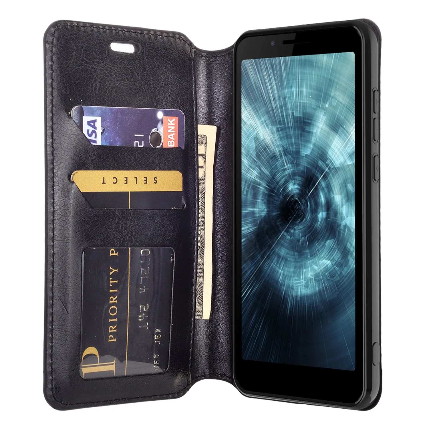 For Boost Schok Volt SV55 Case, Slim Flip Folio [Kickstand] Pu Leather Wallet Case with ID & Card Slots & Pocket - Black