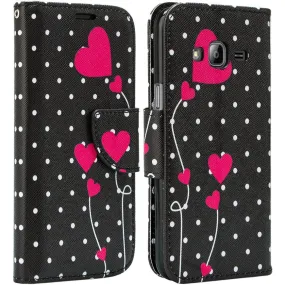 Galaxy Go Prime Case / Grand Prime Wallet Case, Wrist Strap Magnetic Flip Fold[Kickstand] Pu Leather Wallet Case with ID & Credit Card Slot - Polka Dot Heart