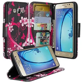 Galaxy J7 Case, Samsung Galaxy J7 Wallet Case, Wrist Strap Flip Folio [Kickstand Feature] Pu Leather Wallet Case with ID&Credit Card Slot For Galaxy J7, Hot Pink Hearts