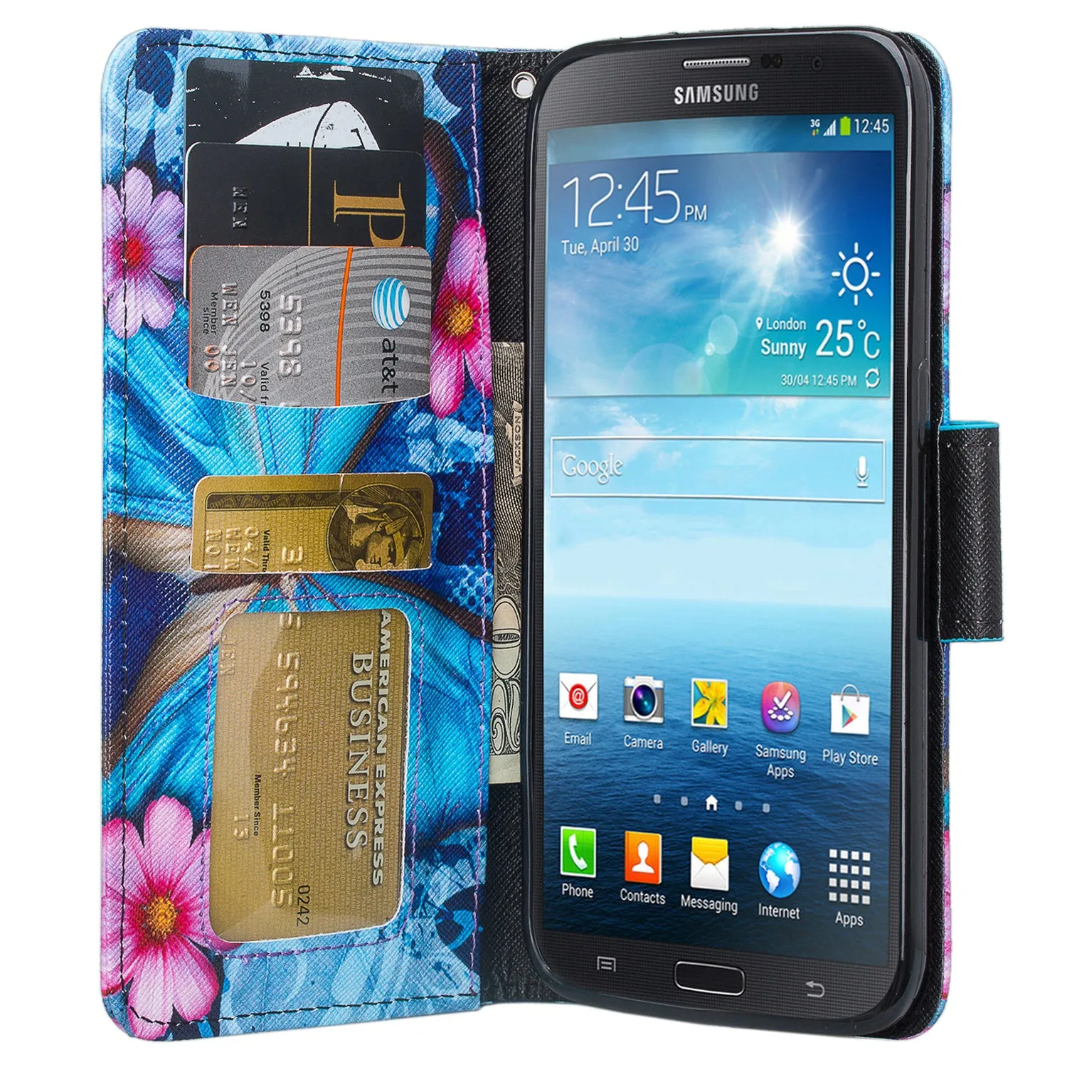 Galaxy Mega 6.3 Case, Wrist Strap Magnetic Fold[Kickstand] Pu Leather Wallet Case with ID & Credit Card Slots for Samsung Galaxy Mega 6.3 - Blue Butterfly