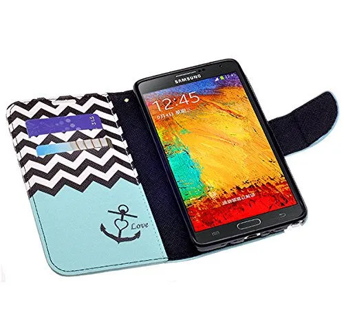 Galaxy Note 4 Case, Wrist Strap Magnetic Flip Fold[Kickstand] Pu Leather Wallet Case with ID & Credit Card Slots for Samsung Galaxy Note 4 - Teal Anchor