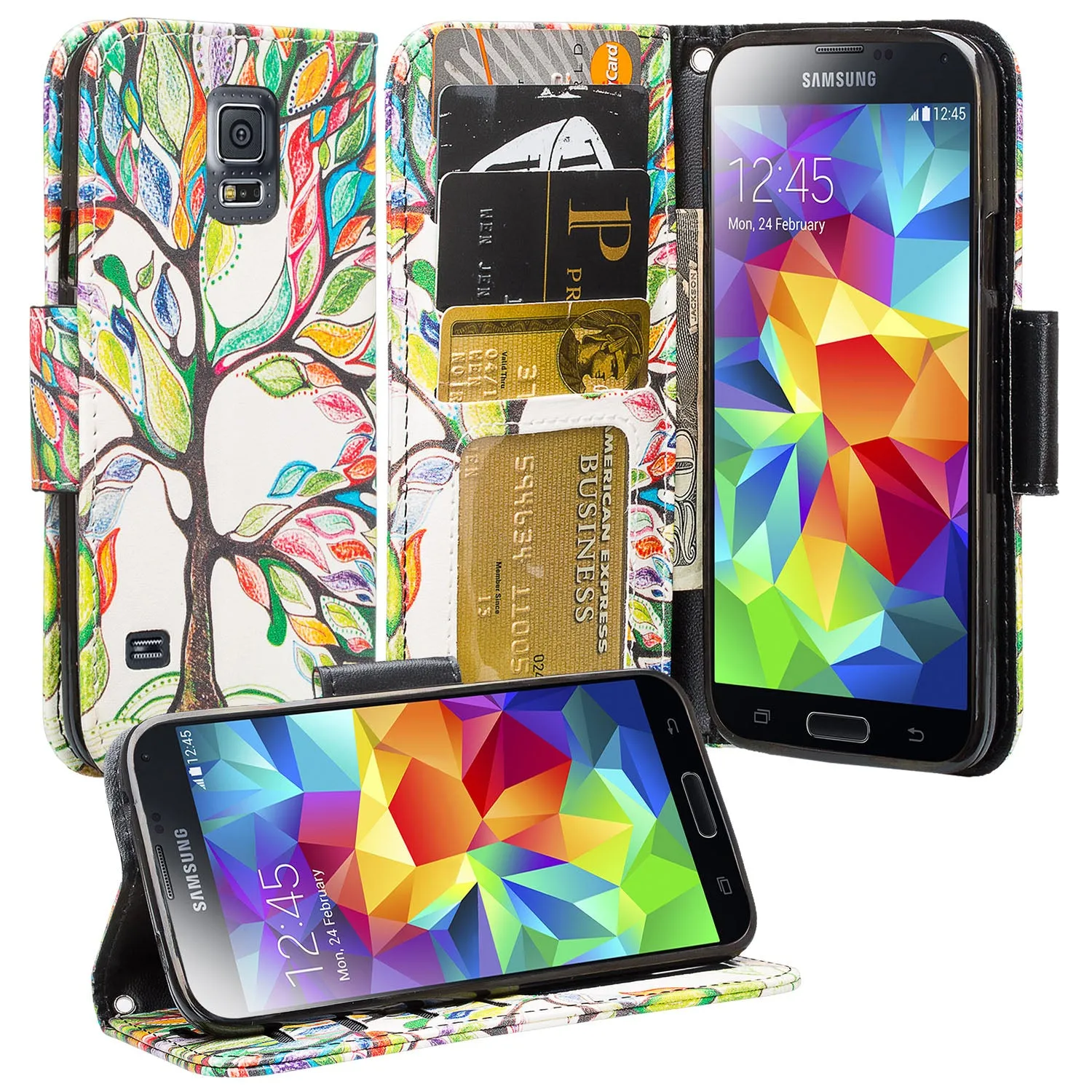 Galaxy S5 Case, Wrist Strap Pu Leather Magnetic Fold[Kickstand] Wallet Case with ID & Card Slots for Samsung Galaxy S5 - Vibrant Tree