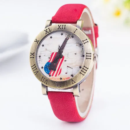 Hot Sale Fashion Women Watch Ladies Leather Quartz Watches Mens American Flag Guitar Music Rome Style Wristwatch