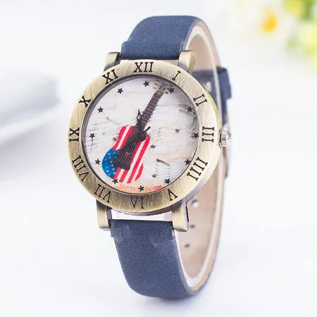 Hot Sale Fashion Women Watch Ladies Leather Quartz Watches Mens American Flag Guitar Music Rome Style Wristwatch