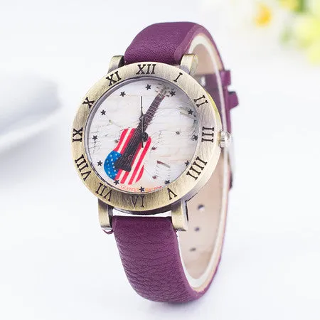 Hot Sale Fashion Women Watch Ladies Leather Quartz Watches Mens American Flag Guitar Music Rome Style Wristwatch