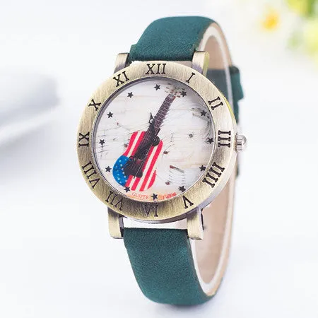 Hot Sale Fashion Women Watch Ladies Leather Quartz Watches Mens American Flag Guitar Music Rome Style Wristwatch