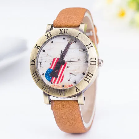 Hot Sale Fashion Women Watch Ladies Leather Quartz Watches Mens American Flag Guitar Music Rome Style Wristwatch