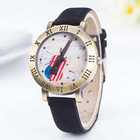 Hot Sale Fashion Women Watch Ladies Leather Quartz Watches Mens American Flag Guitar Music Rome Style Wristwatch