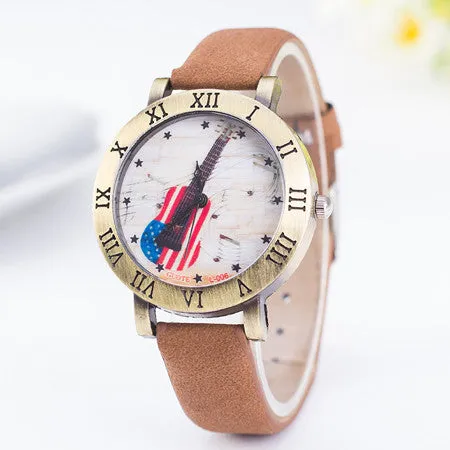 Hot Sale Fashion Women Watch Ladies Leather Quartz Watches Mens American Flag Guitar Music Rome Style Wristwatch