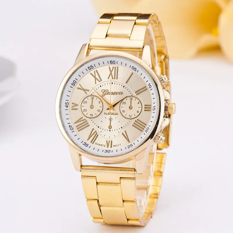 Hot Sale Stainless Steel Geneva Watch Luxury Brand Geneva Watch New Fashion Wristwatch Steel Band Quartz-watch Women