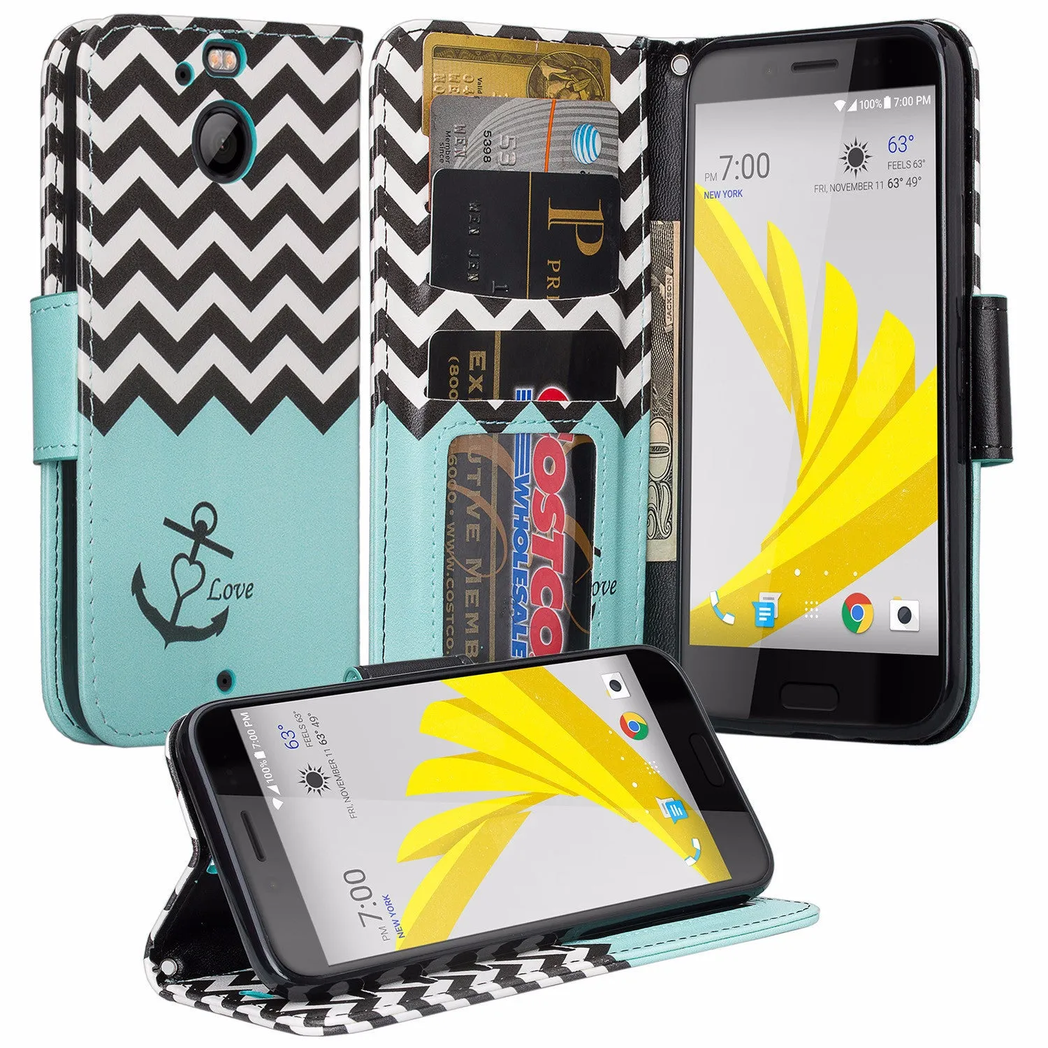 HTC Bolt Case, HTC Bolt Wallet Case, Slim Flip Folio [Kickstand] Pu Leather Wallet Case with ID & Card Slots & Pocket   Wrist Strap - Teal Anchor