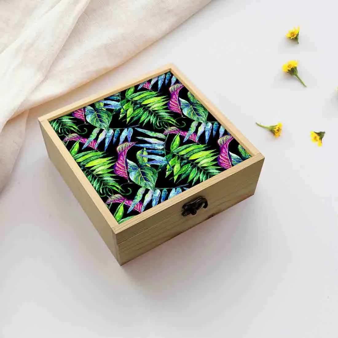 Jewellery Box Wooden Jewelry Organizer -  Purple And Green Tropical Leaf