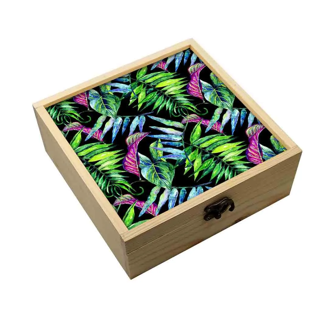 Jewellery Box Wooden Jewelry Organizer -  Purple And Green Tropical Leaf