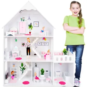 Kinderplay White 3 Floor Wooden Dollhouse with Accessories