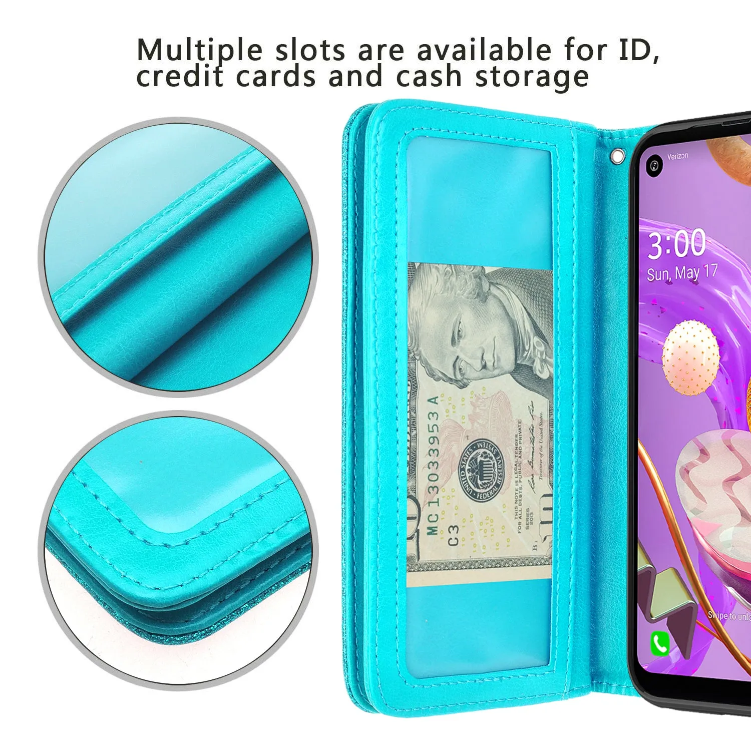 LG Aristo 5 Plus Case, Glitter Faux Leather Flip Credit Card Holder Wrist Strap Shockproof Protective Wallet Case Clutch for Aristo 5 Plus - Teal