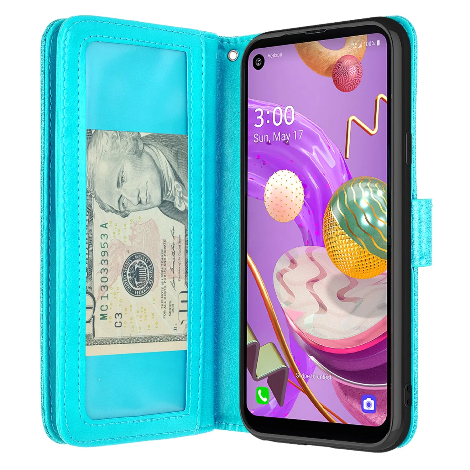 LG Aristo 5 Plus Case, Glitter Faux Leather Flip Credit Card Holder Wrist Strap Shockproof Protective Wallet Case Clutch for Aristo 5 Plus - Teal