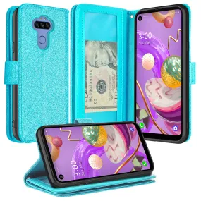 LG Aristo 5 Plus Case, Glitter Faux Leather Flip Credit Card Holder Wrist Strap Shockproof Protective Wallet Case Clutch for Aristo 5 Plus - Teal