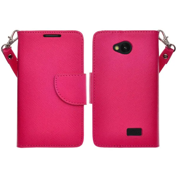 LG F60 | Optimus F60 | MS395 | D390N Case, Wrist Strap Flip Folio [Kickstand Feature] Pu Leather Wallet Case with ID & Credit Card Slots - Hot Pink