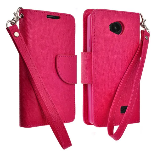 LG F60 | Optimus F60 | MS395 | D390N Case, Wrist Strap Flip Folio [Kickstand Feature] Pu Leather Wallet Case with ID & Credit Card Slots - Hot Pink