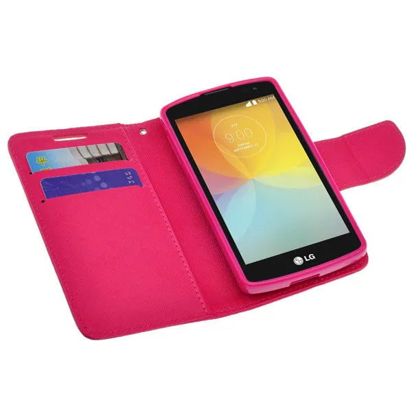 LG F60 | Optimus F60 | MS395 | D390N Case, Wrist Strap Flip Folio [Kickstand Feature] Pu Leather Wallet Case with ID & Credit Card Slots - Hot Pink