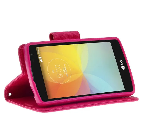 LG F60 | Optimus F60 | MS395 | D390N Case, Wrist Strap Flip Folio [Kickstand Feature] Pu Leather Wallet Case with ID & Credit Card Slots - Hot Pink