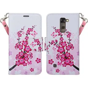 LG K7 | Tribute 5 | Treasure Case, Wallet Case, Wrist Strap [Kickstand] Pu Leather Wallet Case with ID & Credit Card Slots - Cherry Blossom