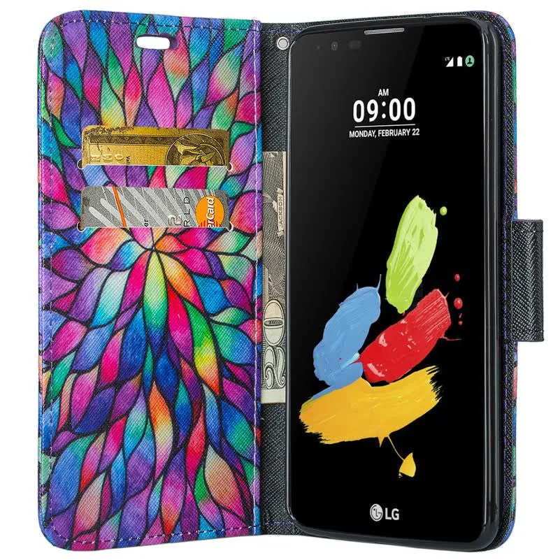 LG Stylo 2 Case, LG Stylo 2 V Wallet Case [Kickstand] Pu Leather Wrist Strap Wallet Case w/ ID & Card Slots & Pocket - Rainbow Flower