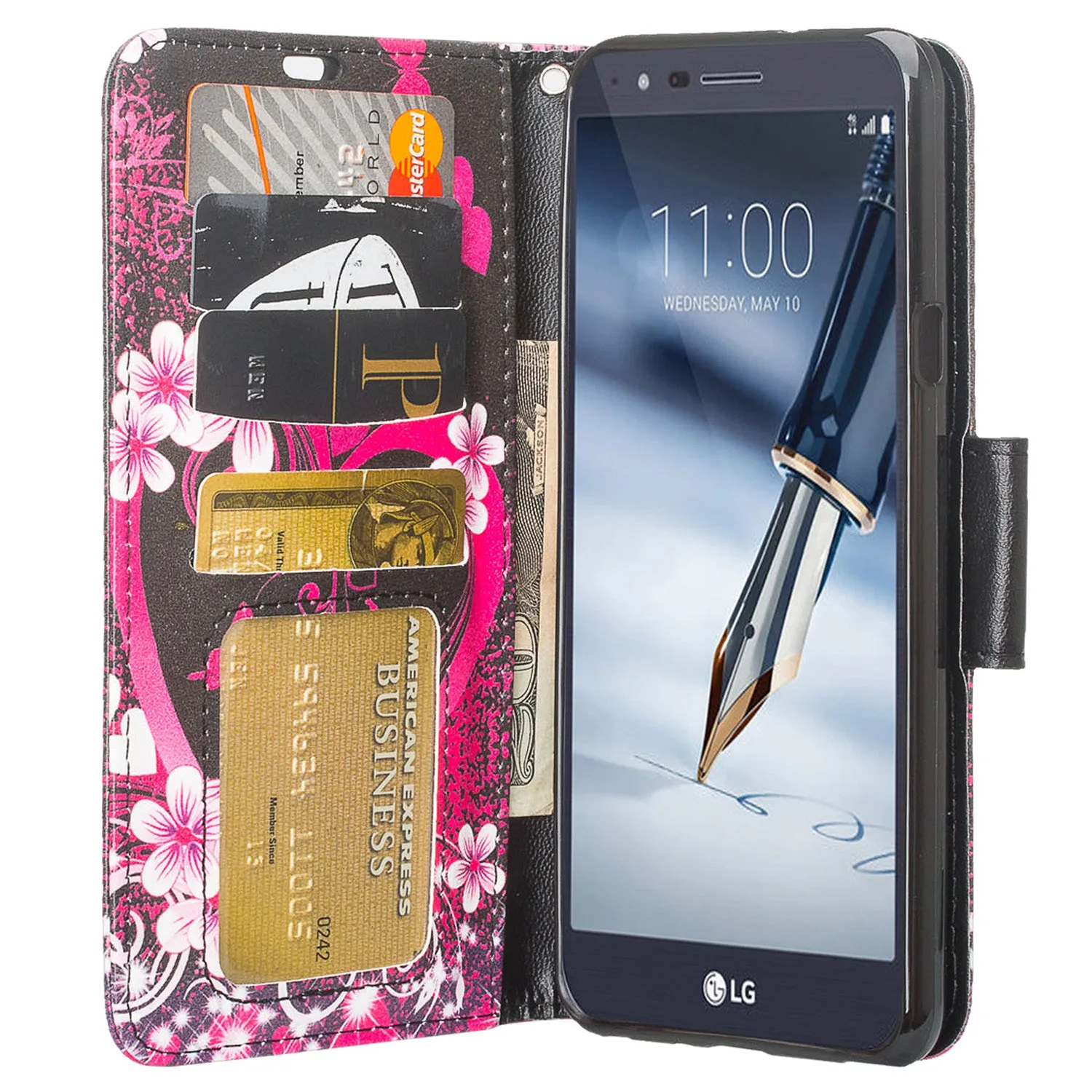 LG Stylo 4 Case, Stylo 4 Plus, Q Stylus Wallet Case, Wrist Strap Pu Leather Wallet Case [Kickstand] with ID & Credit Card Slots - Heart Butterflies