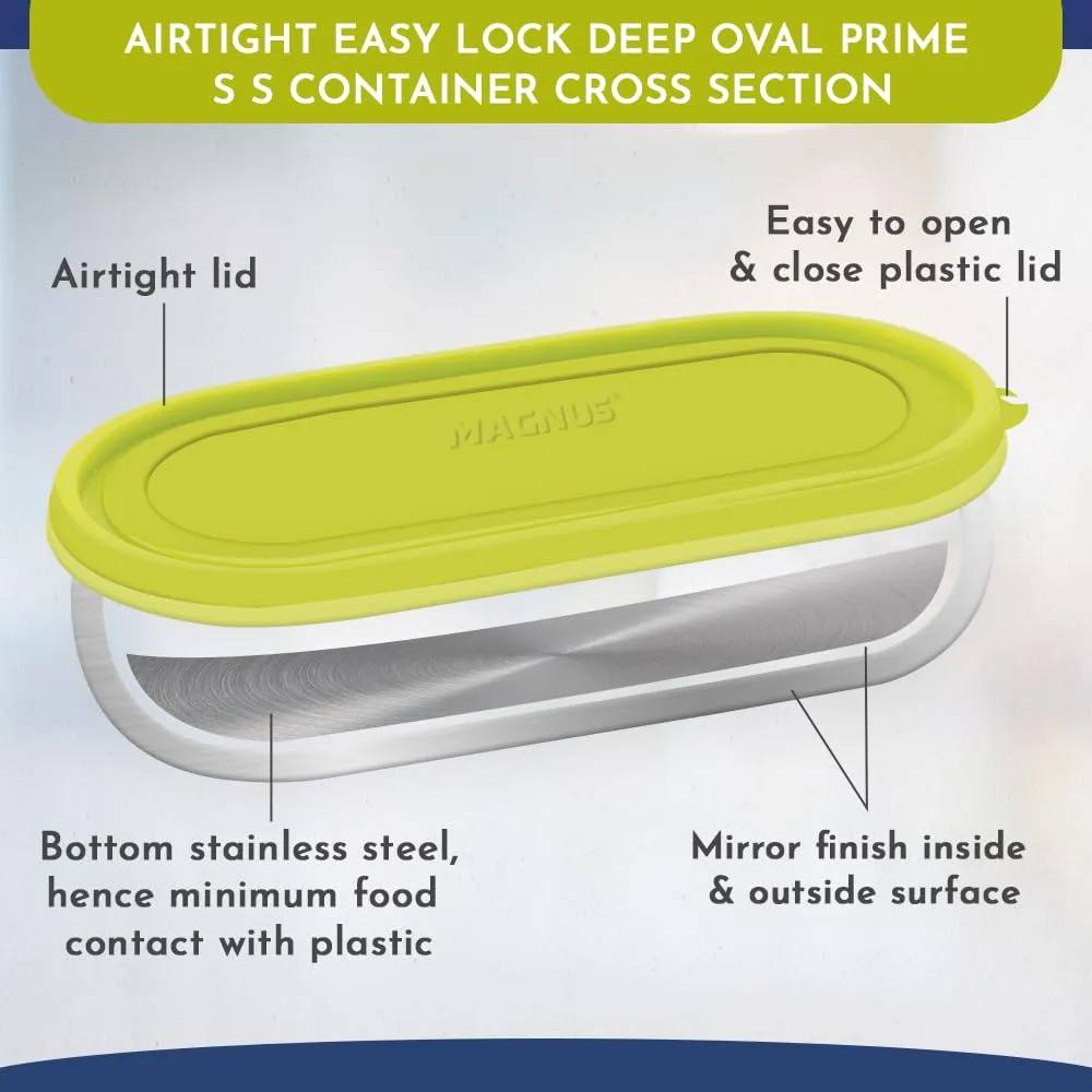 Magnus Easy Lock S S Deep Prime Oval & Chocolate Container, Airtight & Leakproof Lid ,Tiffin For School, Office,Picnic, Ideal lunch boxes for Men, Women and Kids (Green,100ml,780ml)