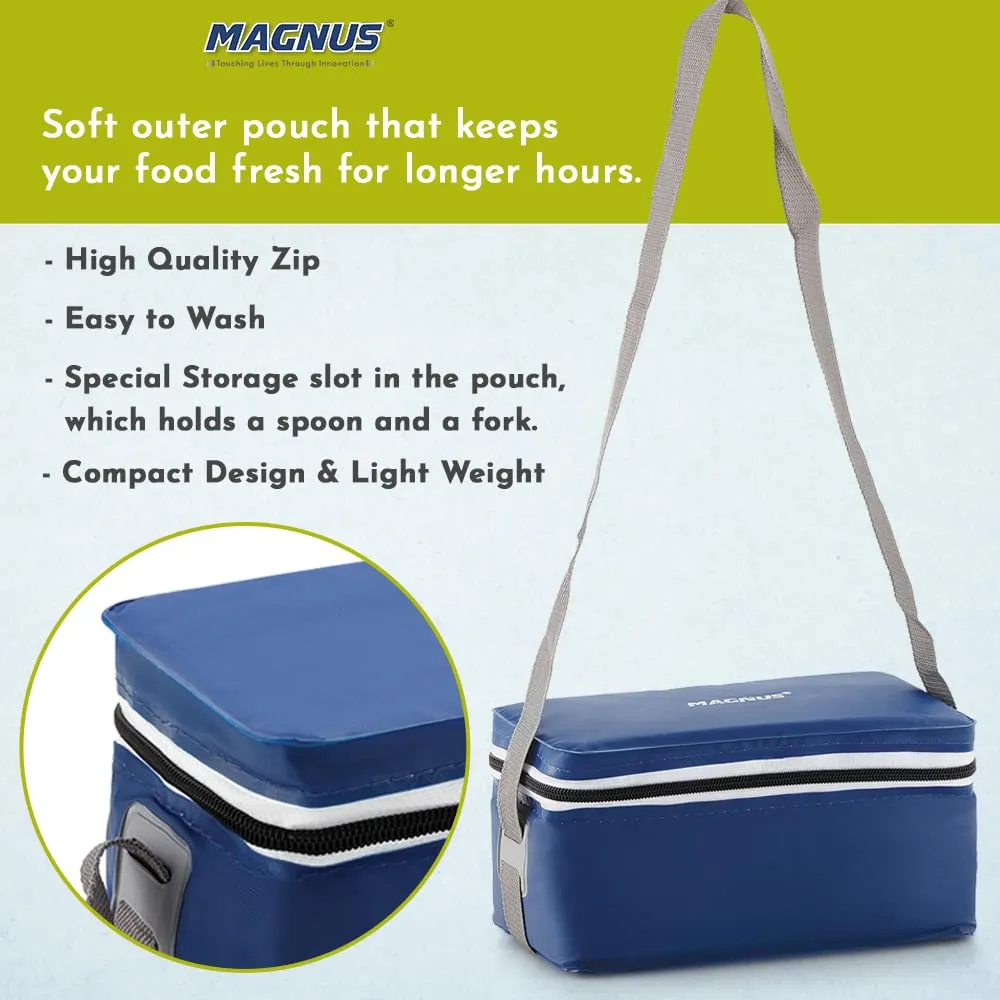 Magnus Fancy 3 Steel Lunch Box Set for Kids and Office Men, Leak-Proof Containers, 3 Compartments, Washable Cover, Stylish Carry Bag, Safe Design, Ideal for Office and School, Blue