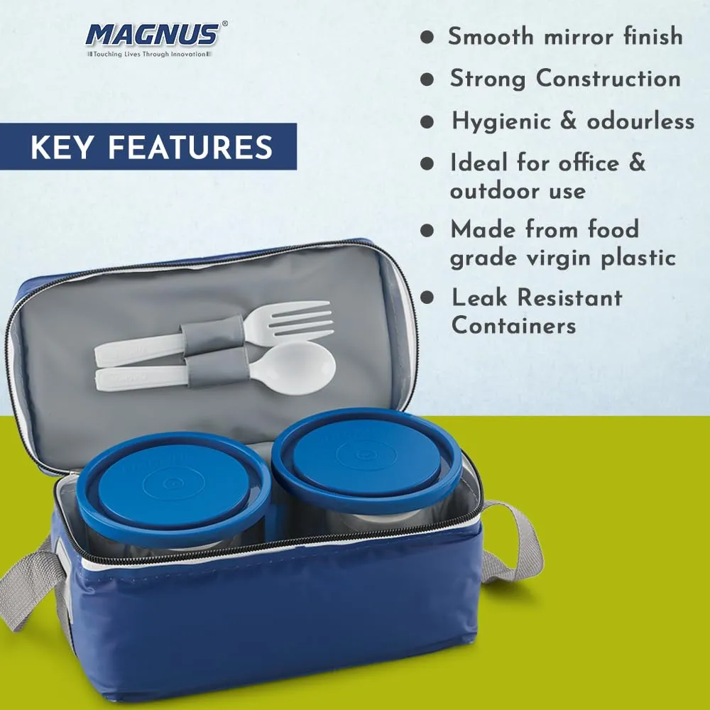 Magnus Fancy 3 Steel Lunch Box Set for Kids and Office Men, Leak-Proof Containers, 3 Compartments, Washable Cover, Stylish Carry Bag, Safe Design, Ideal for Office and School, Blue