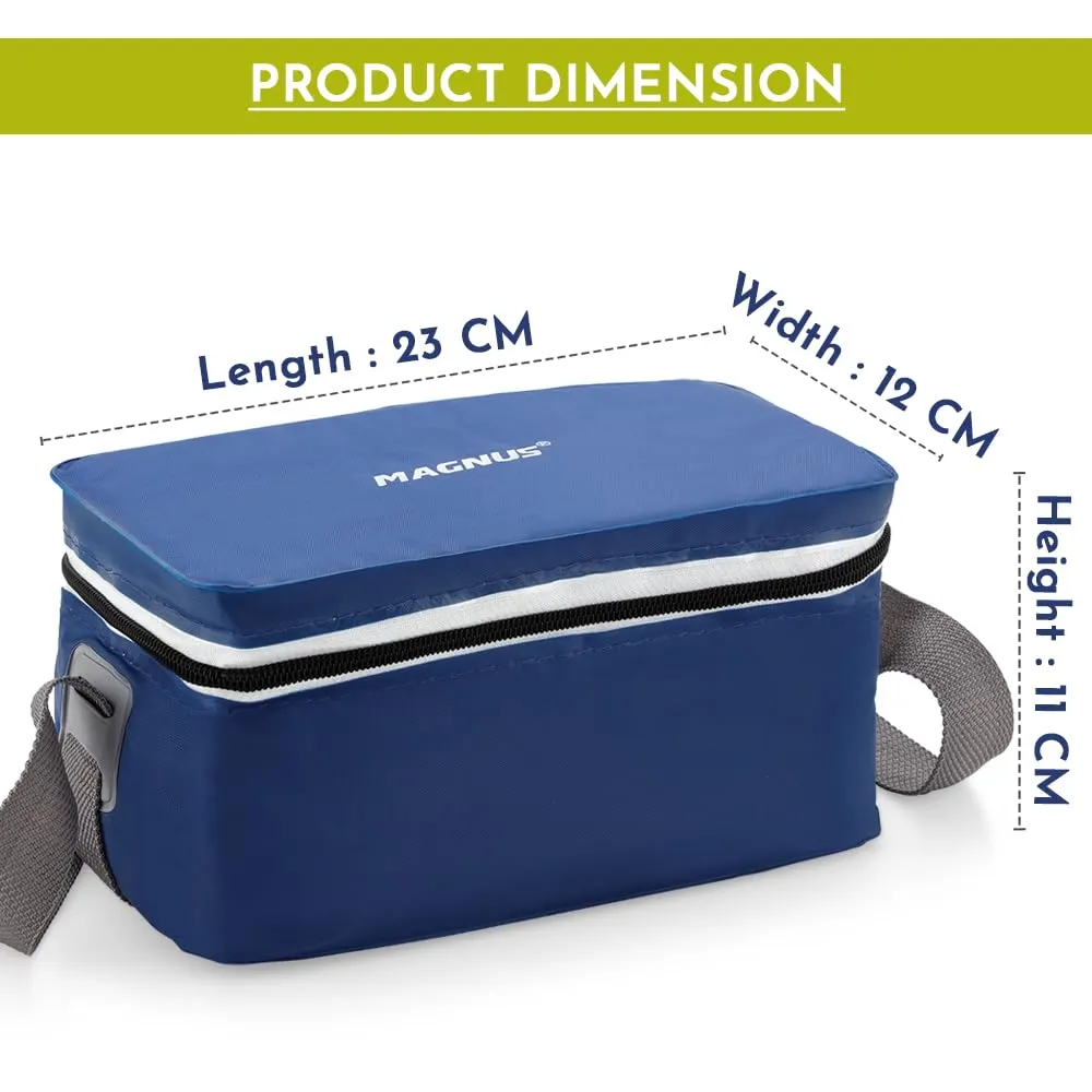 Magnus Fancy 3 Steel Lunch Box Set for Kids and Office Men, Leak-Proof Containers, 3 Compartments, Washable Cover, Stylish Carry Bag, Safe Design, Ideal for Office and School, Blue