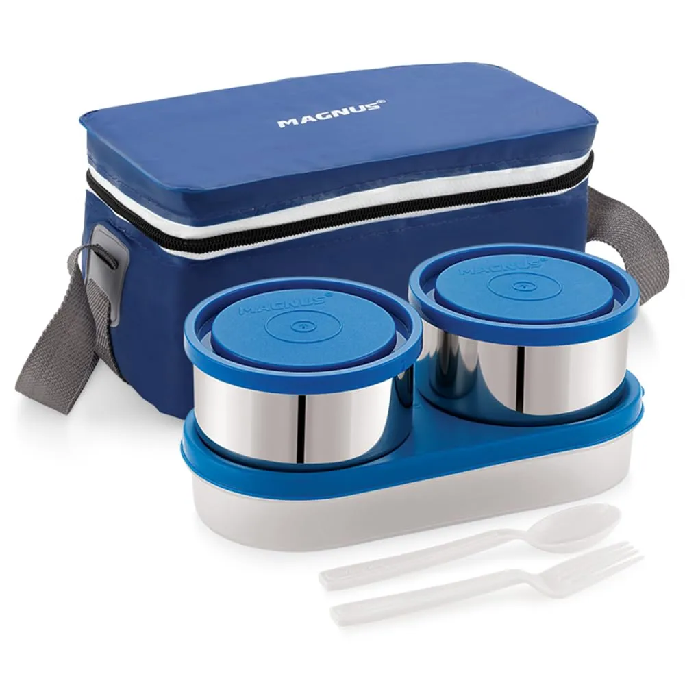 Magnus Fancy 3 Steel Lunch Box Set for Kids and Office Men, Leak-Proof Containers, 3 Compartments, Washable Cover, Stylish Carry Bag, Safe Design, Ideal for Office and School, Blue