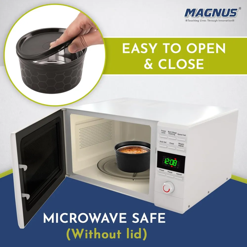 Magnus Microwave Eva 4 Lunch Box for Kids & Office Men, 3 Microwave Safe Containers with Steam Lock & 1 Stainless Steel Tumbler, Airtight & Leakproof, Ideal for School & Office (230/400/550 ml) Black