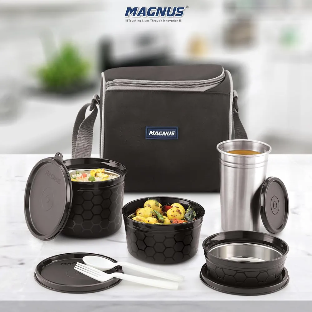 Magnus Microwave Eva 4 Lunch Box for Kids & Office Men, 3 Microwave Safe Containers with Steam Lock & 1 Stainless Steel Tumbler, Airtight & Leakproof, Ideal for School & Office (230/400/550 ml) Black