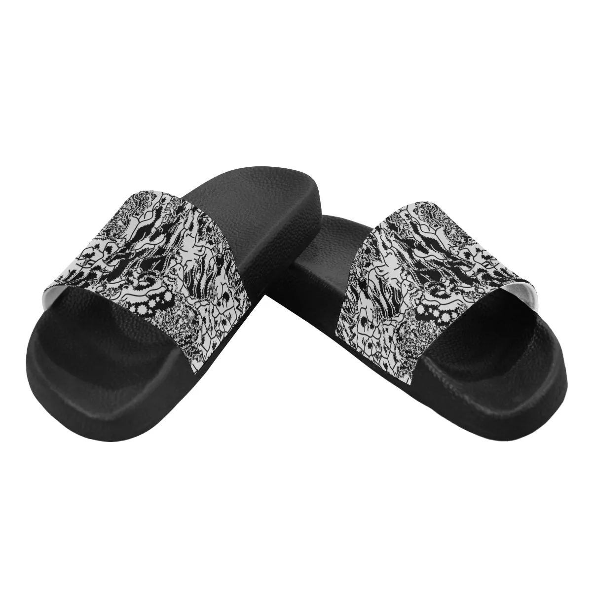 Men's Black and White Doodle Print Canvas Sliders Sandal