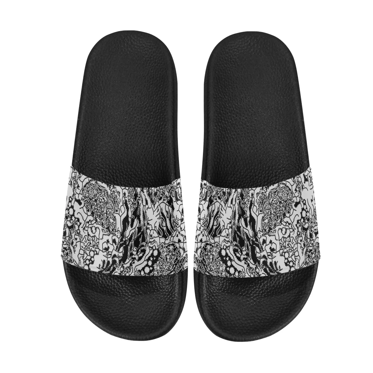 Men's Black and White Doodle Print Canvas Sliders Sandal