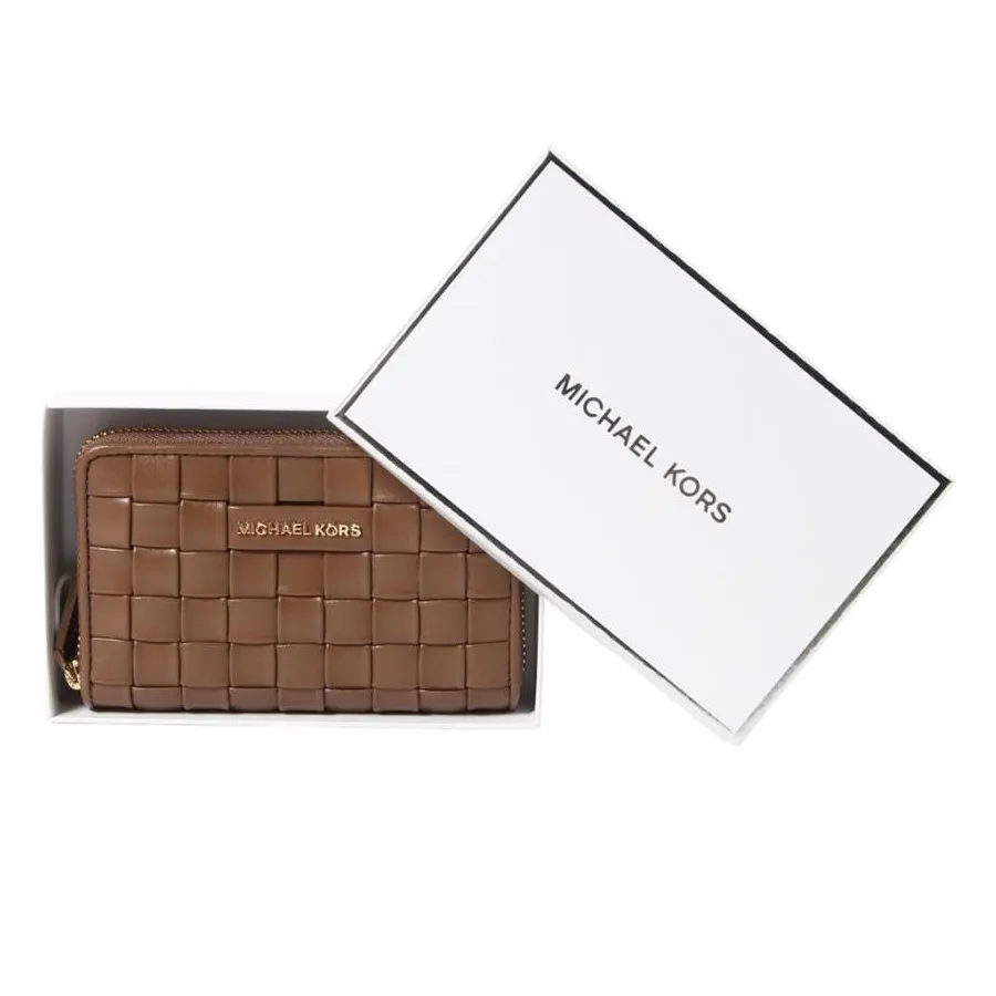 MICHAEL KORS Jet Set Leather Woven Card Case Women's Wallet in Luggage (Tan)