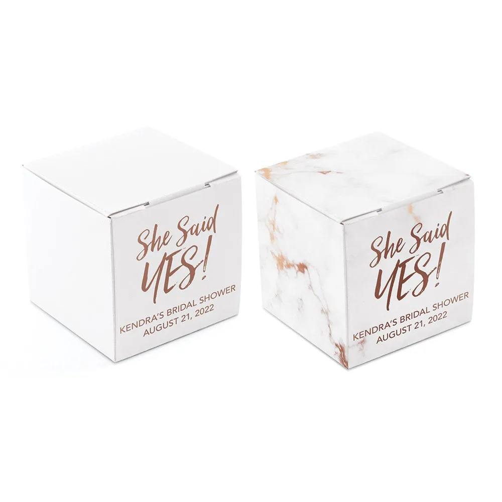 MINI CUSTOM FOIL PRINTED SQUARE PAPER FAVOR BOXES - She said YES!